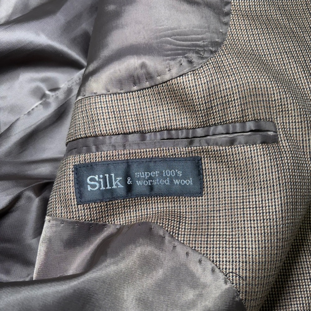 Andrew Fezza Fusion Silk Super 100s Wool Blazer Mens 40R Brown Micro Check - Picture 2 of 11